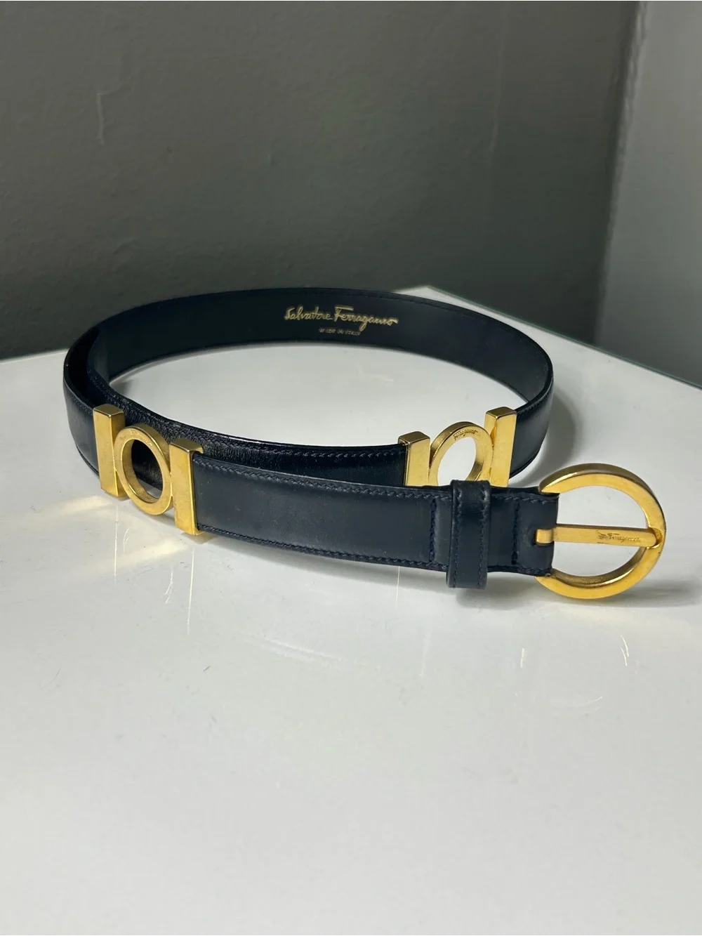 Salvatore Ferragamo Navy Blue Gancini Belt w Gold Buckle 30.5”L